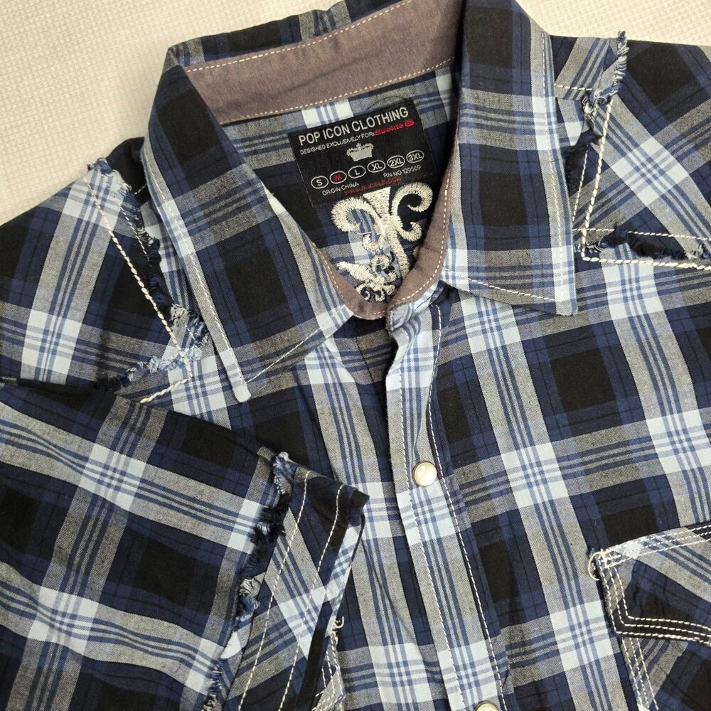 Pop Icon Buckle Men’s M Blue Plaid Snap Shirt Short Sleeve Embroidered Back